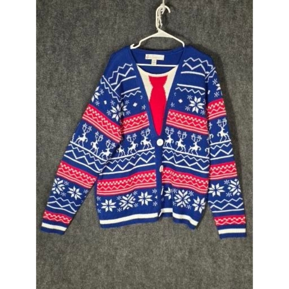 Jolly Sweaters‎ Mens XL Blue Red White Reindeer Snowflake Ugly Christmas Sweater